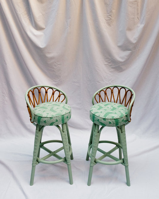 Pair of original "Angraves" cane stools (backed) Green